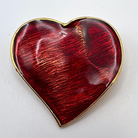 YSL Yves Saint Laurent Red Enamel Crumpled Heart Brooch